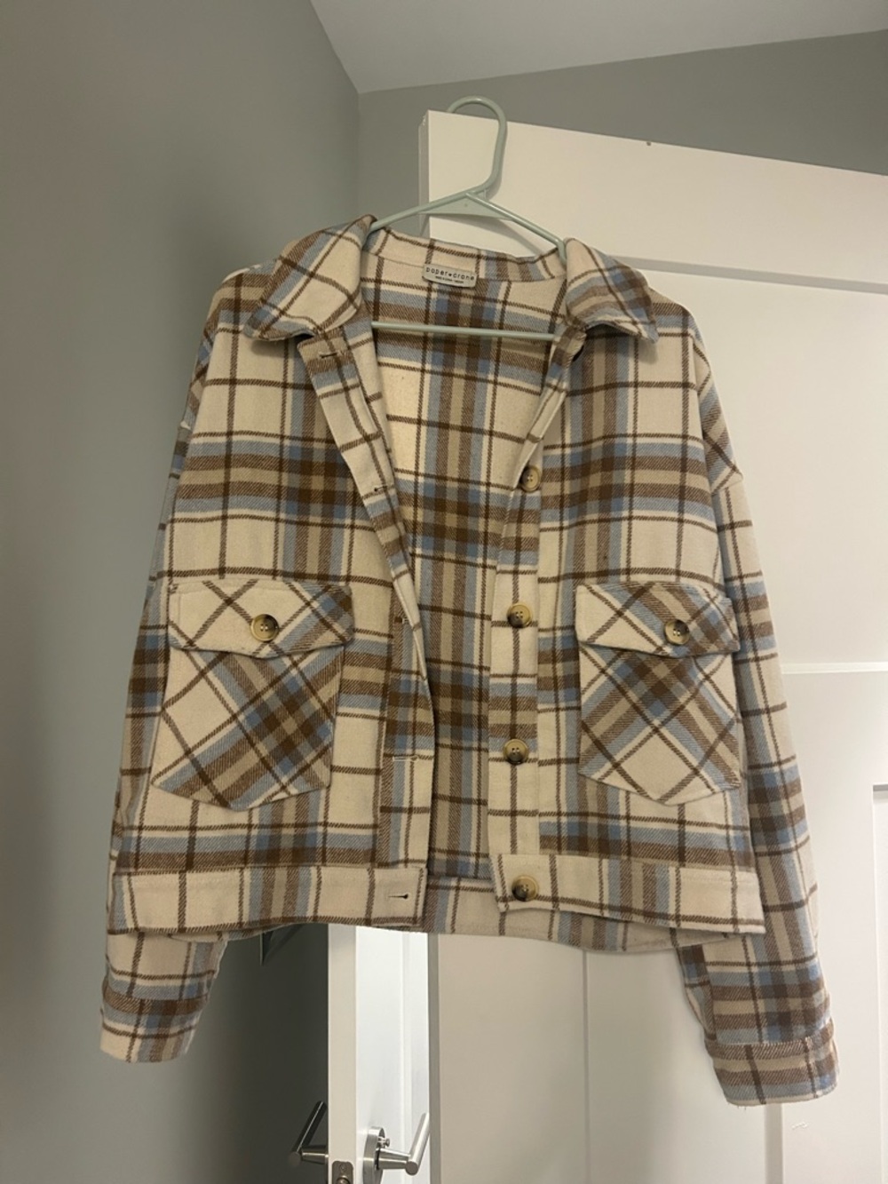 Paper Crane Plaid Button-Front Utility Jacket in Cream, Brown & Light Blue
